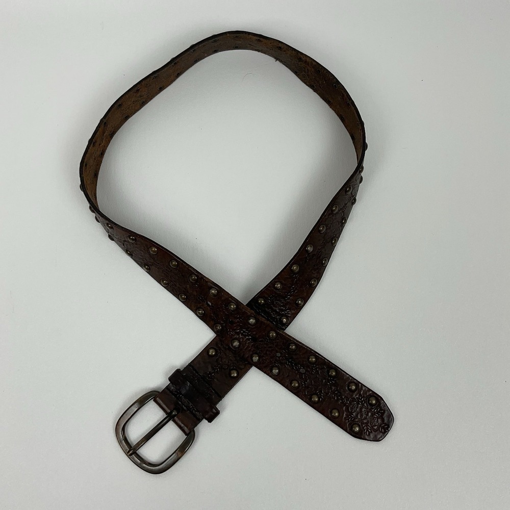Brown‎ Leather Belt Studded Floral Tooled Western Rocker Distressed Medium